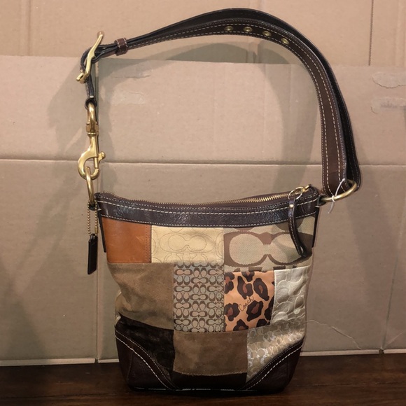 COACH Patchwork Top Zipper Crossbody Shoulder Bag Animal Print Brown Lining - Picture 16 of 17